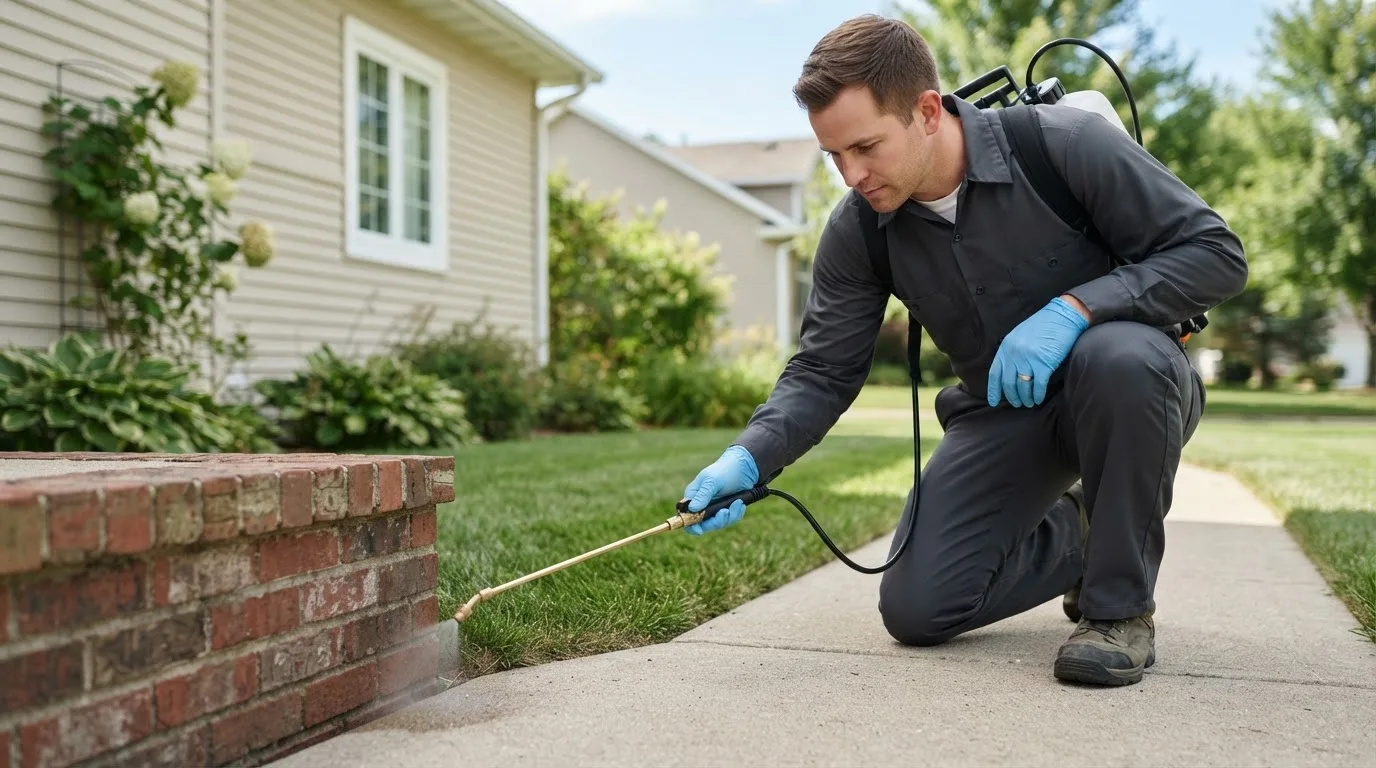 Pest control technician treating a home near North Bend, OH