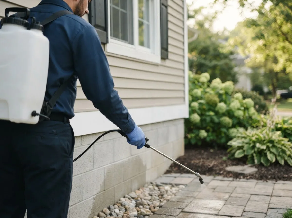 Pest control technician inspecting a home in North Bend, OH